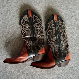 Vintage Tony Lama Exotic Lizard Black and Cognac Western Heeled Boots.